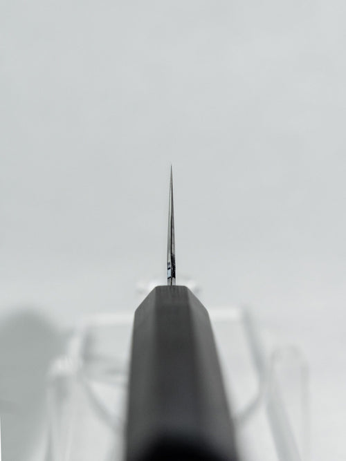 Choil shot of Hado Shiosai Ko-Bunka 135mm showing SPG2 core, stainless cladding layers, and polished bevels at 2mm spine thickness