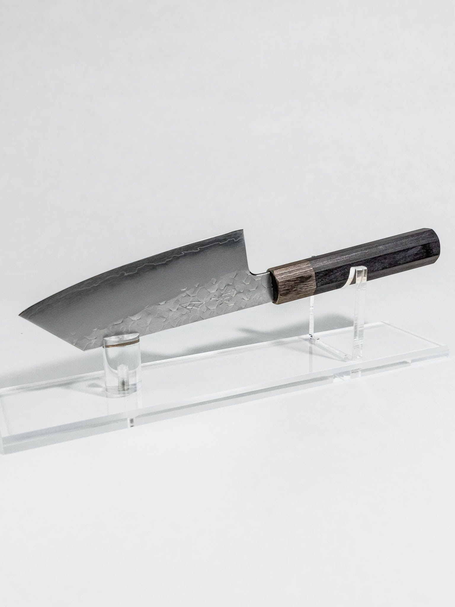 Hado Shiosai Ko-Bunka 135mm Japanese kitchen knife with black pakkawood handle on dark slate surface