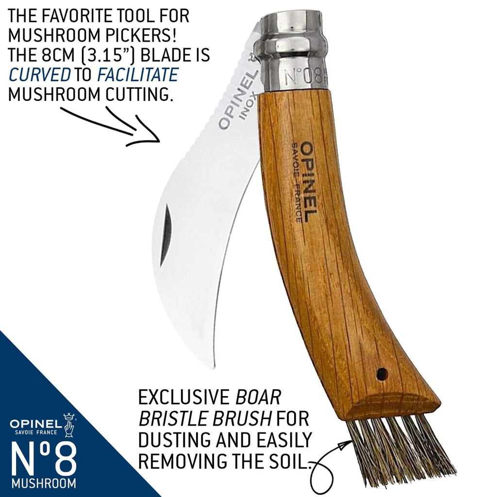Mushroom foraging knife with boar bristle brush by French knife maker Opinel. 