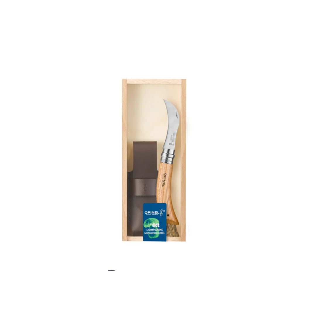 Mushroom foraging knife and sheath set wrapped in an easy to gift box. 