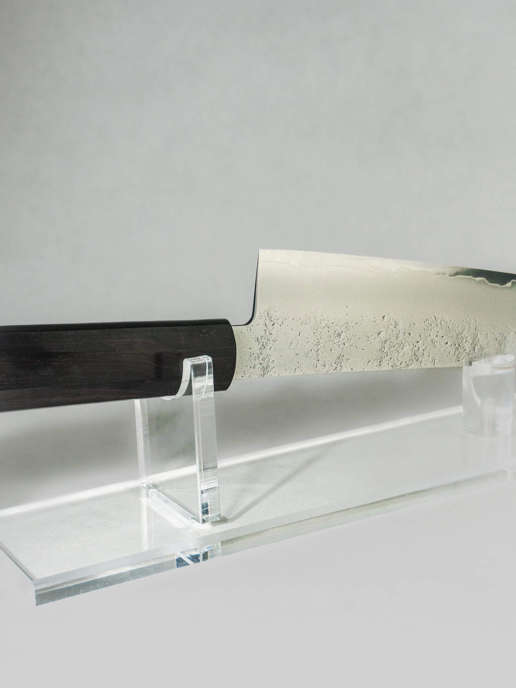 Close-up of Gyuto edge sharpness and nashiji stainless cladding