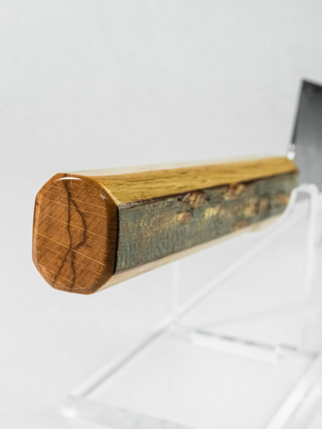 Rare octagonal oak and lacquered cherry bark handle on HADO kiritsuke knife