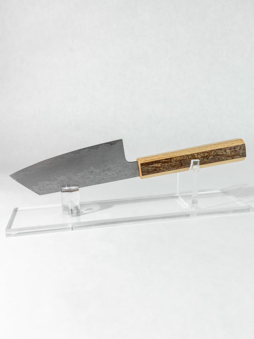 Full profile of HADO Shiosai Ko-Bunka knife with SG2 stainless steel core and cherry and oak handle
