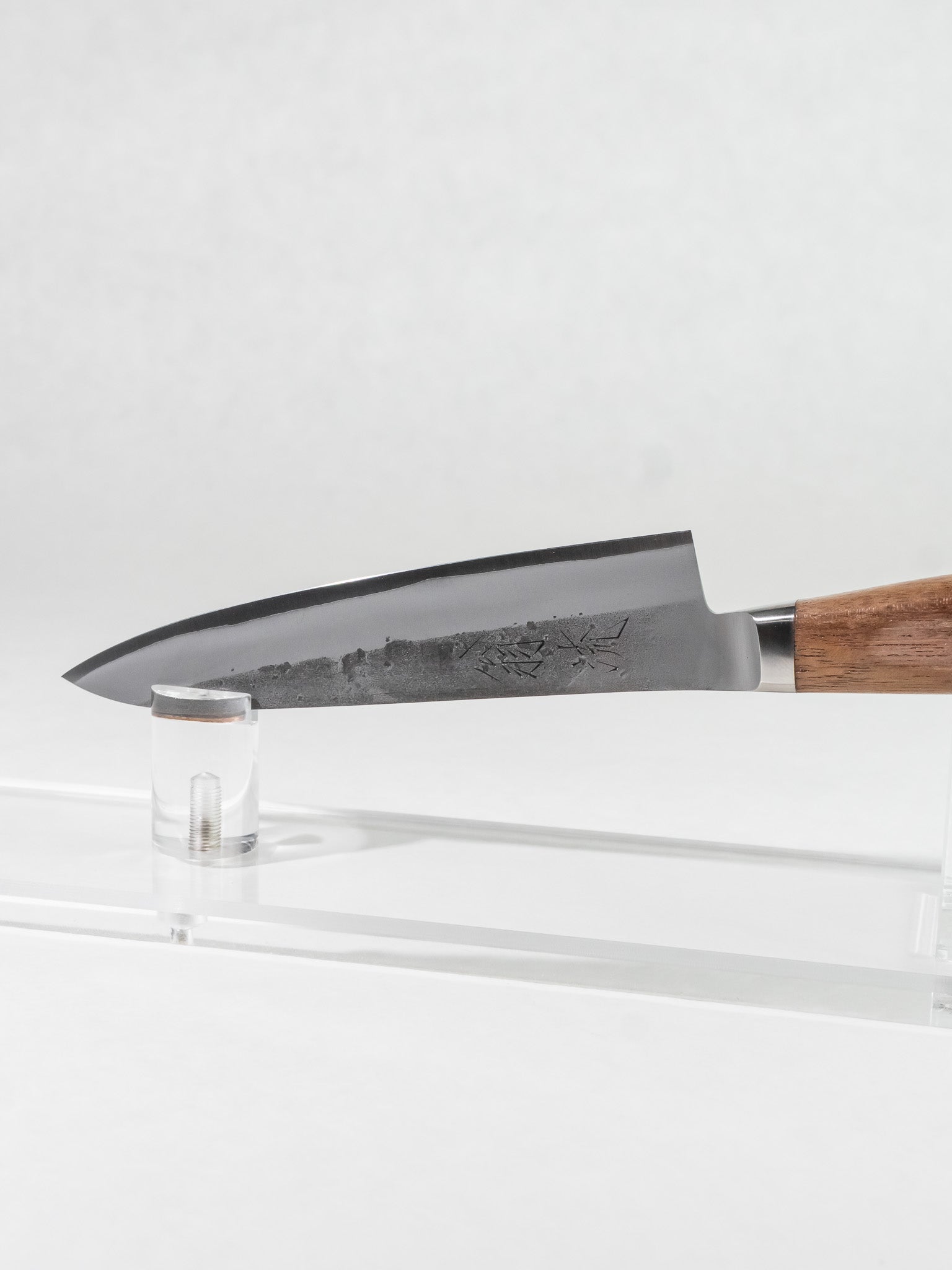 Close-up of OUL petty knife blade showing stainless nashiji finish and sharp Aogami #2 core.