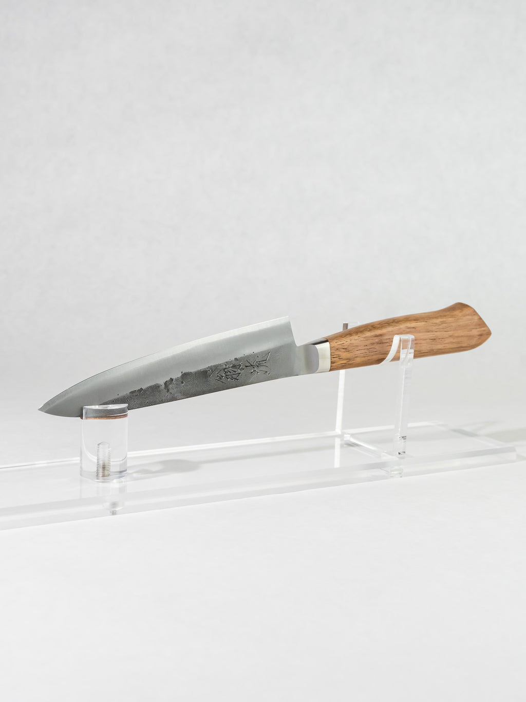 OUL 125mm petty knife with Aogami #2 steel core, stainless nashiji blade, and Western walnut handle.