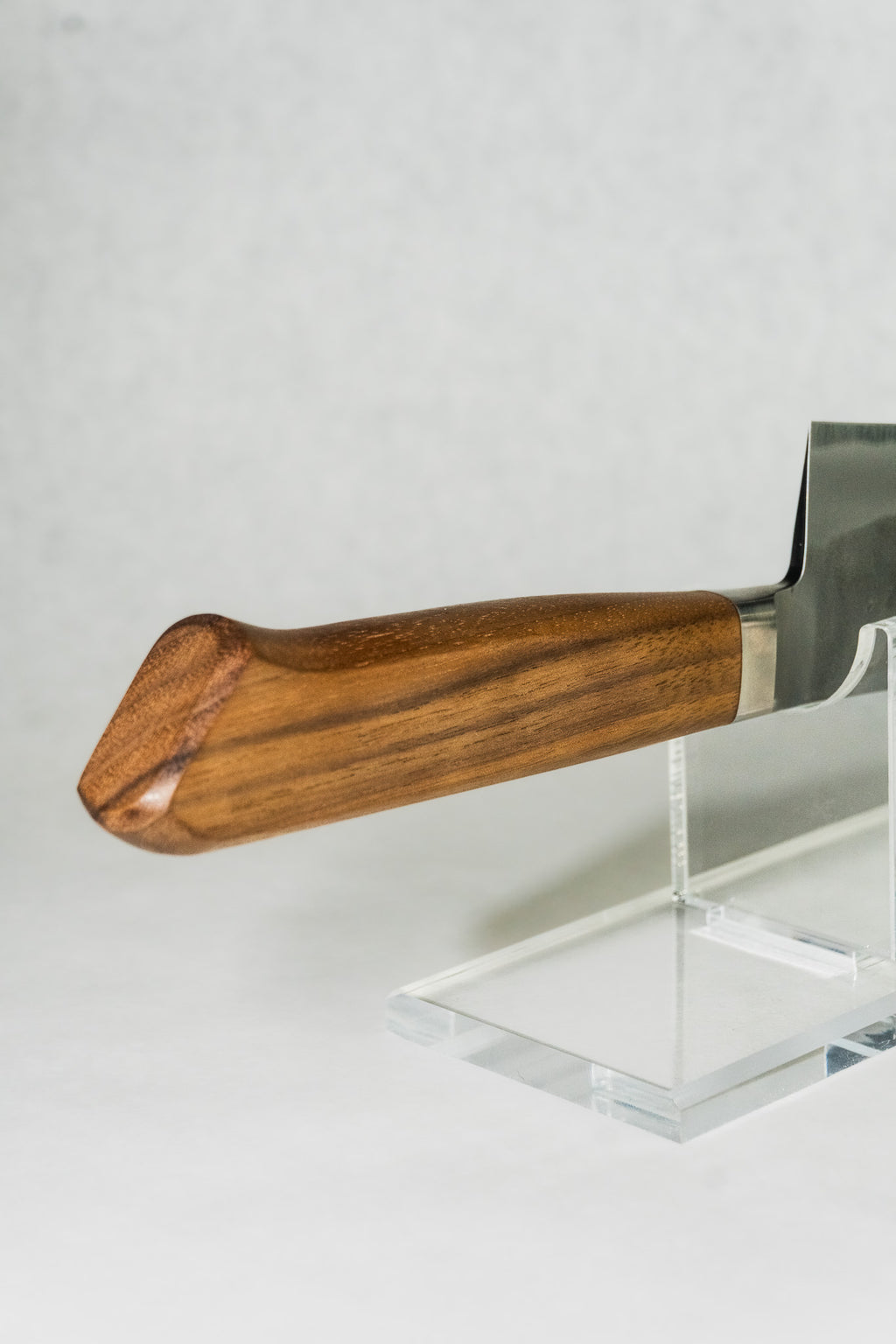 Western style walnut handle with integrated bolster on gyuto knife

