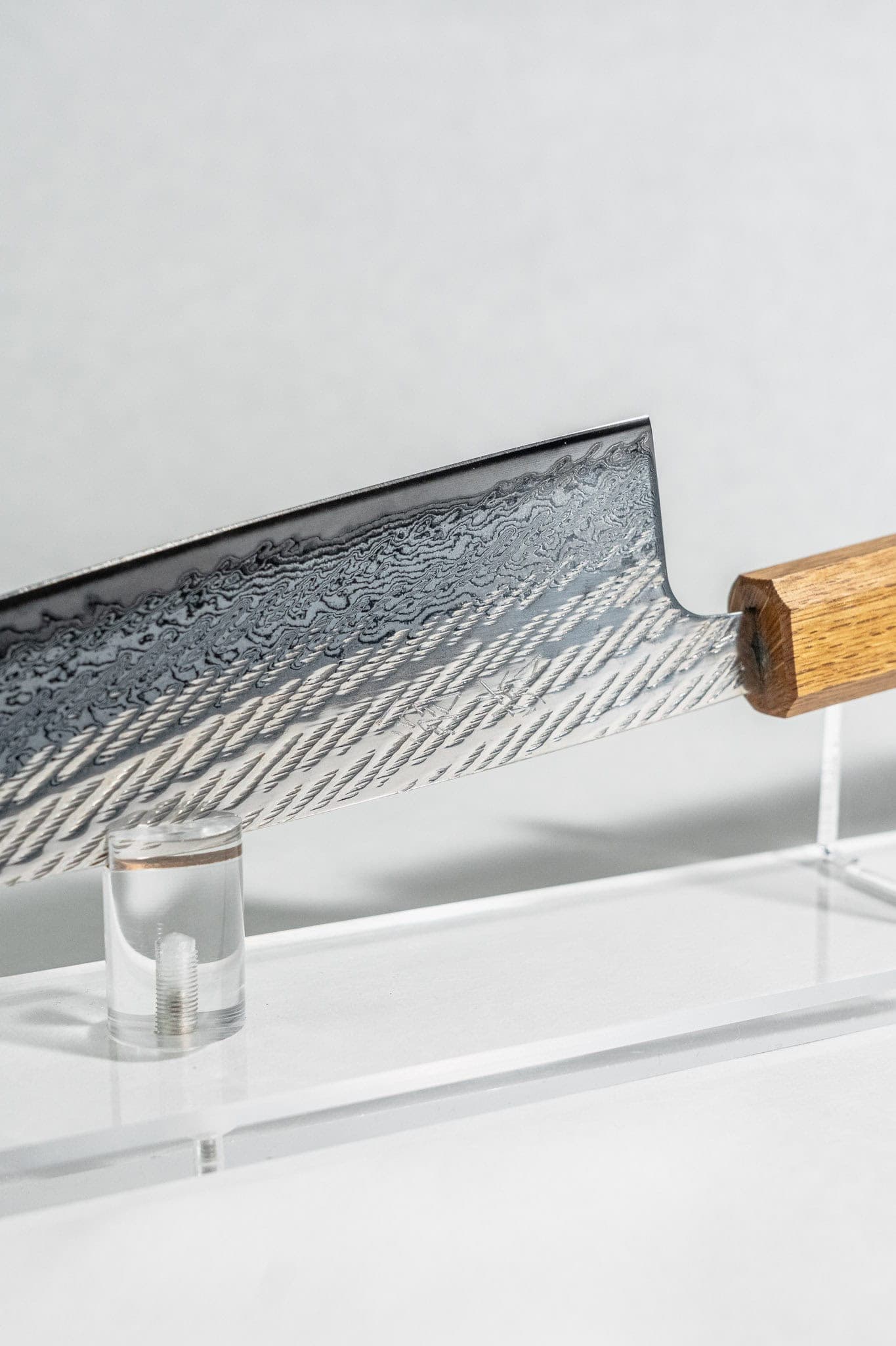 Close view of Nawame textured finish on Santoku blade