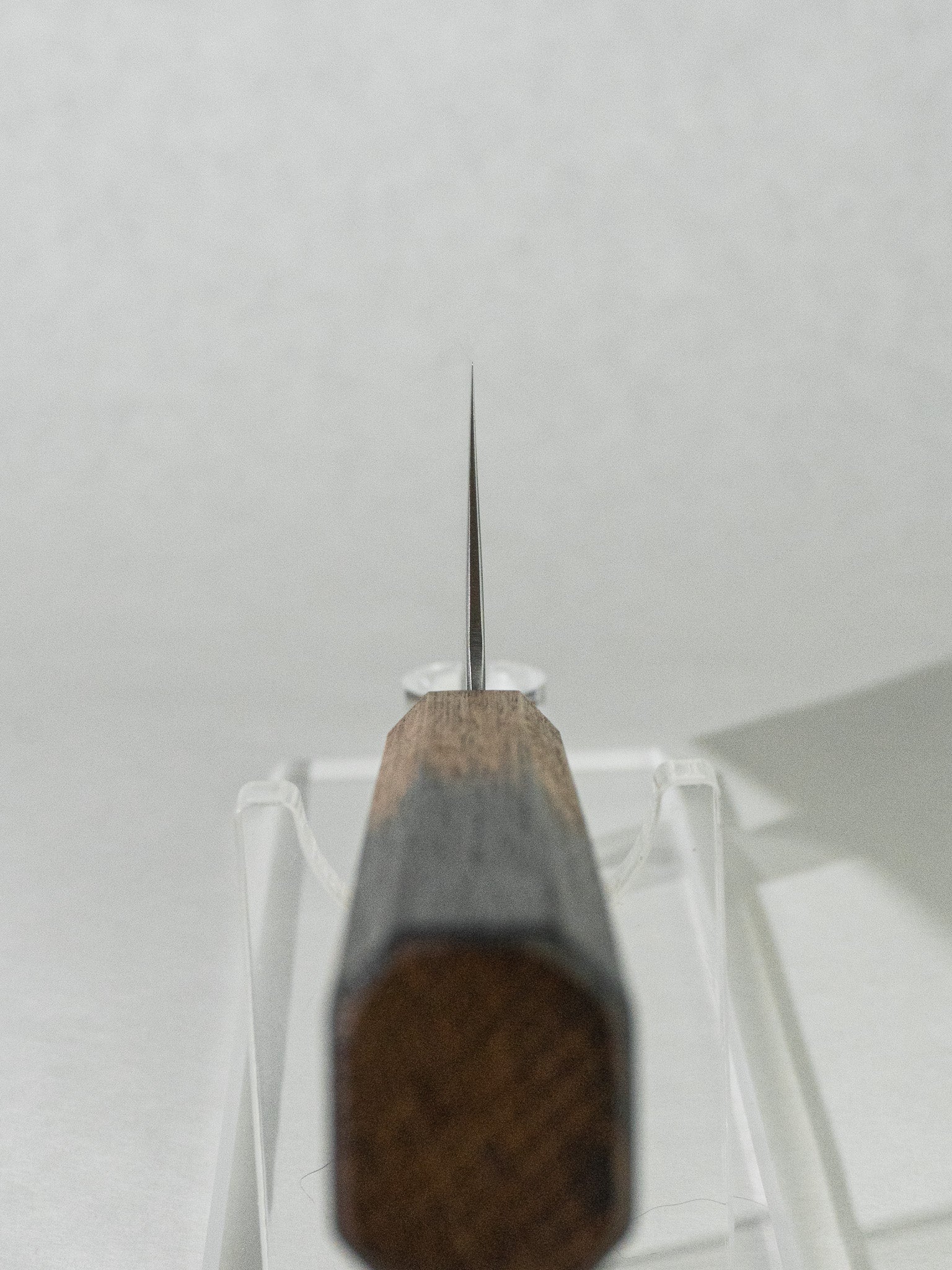 Choil close-up showing the thin geometry of the OUL SLD Nakiri for precise, clean cuts.
