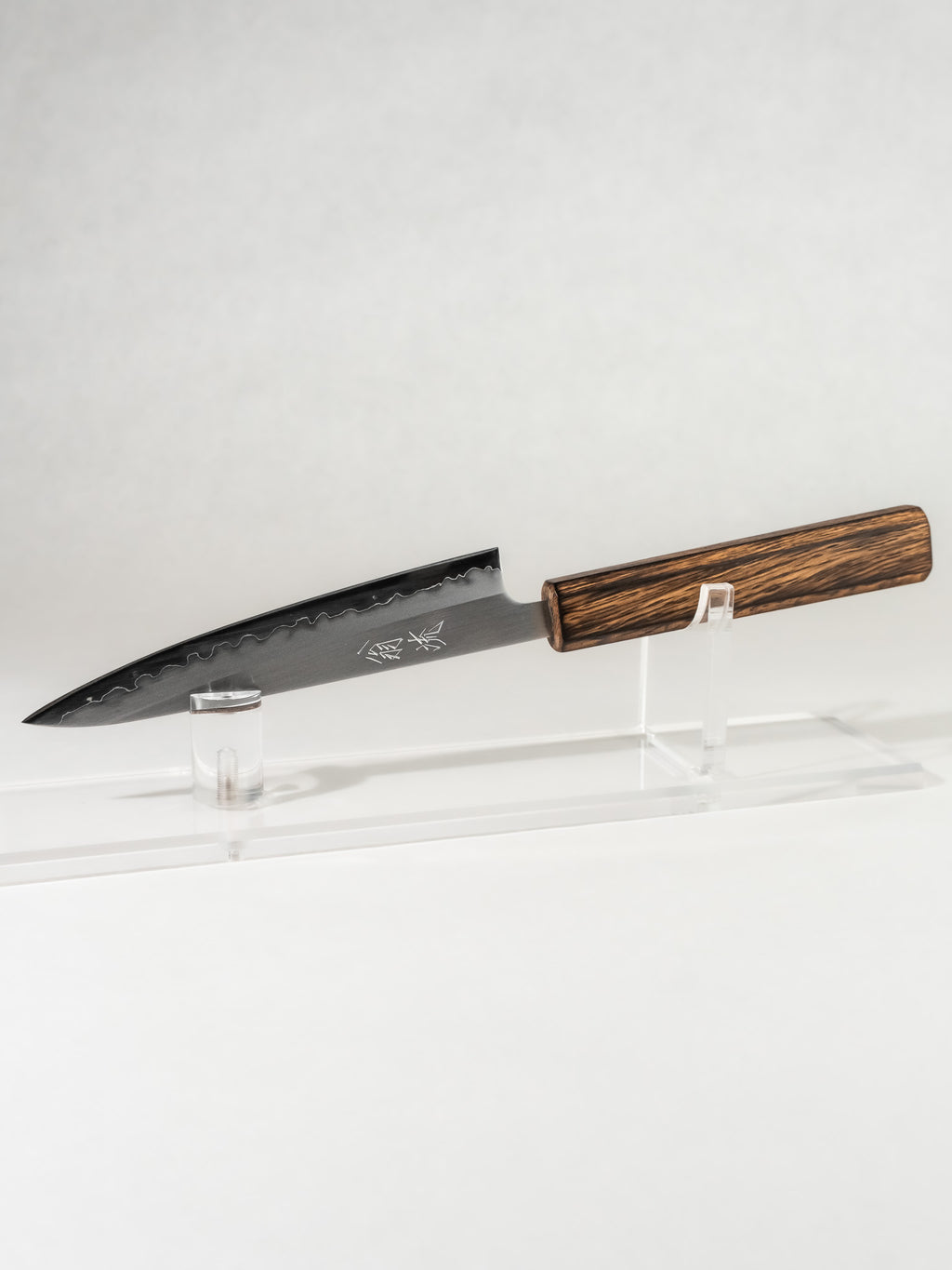 OUL 135mm petty knife with White #1 (Shirogami #1) steel core, stainless kasumi blade, and octagonal darkened oak handle.