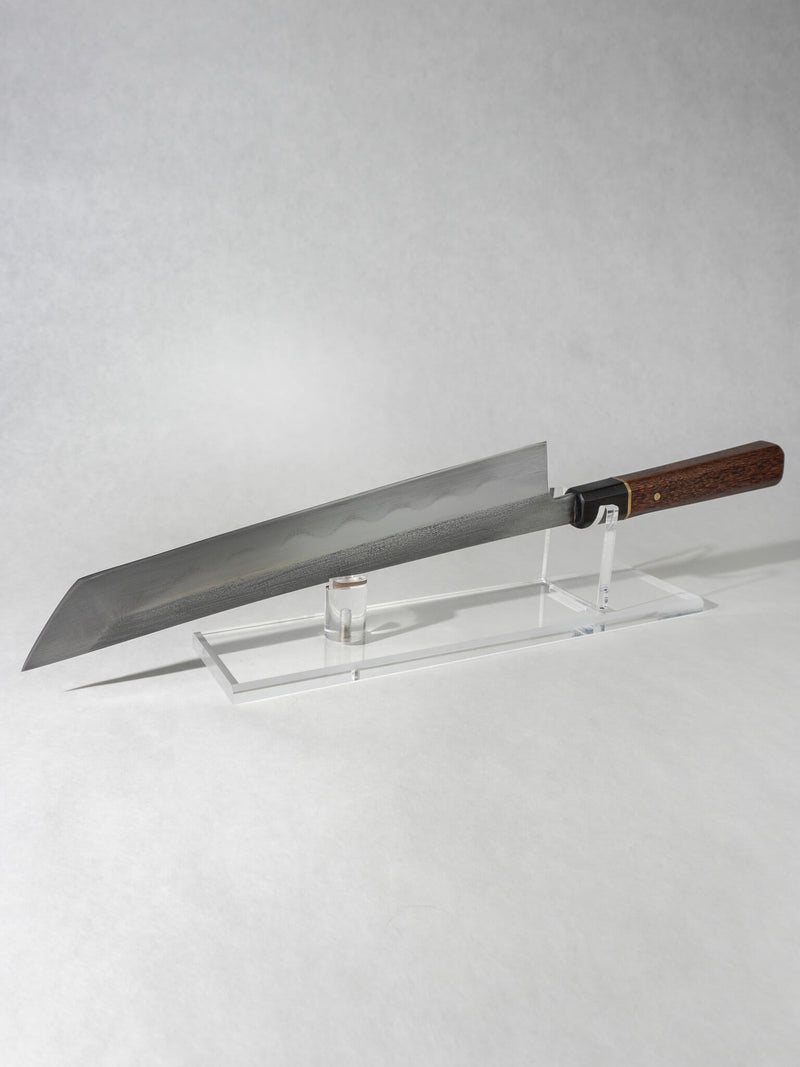 Pisau Dapur Sakimaru 270mm Honyaki slicing knife forged from L6 steel with red rengas handle and matching saya.