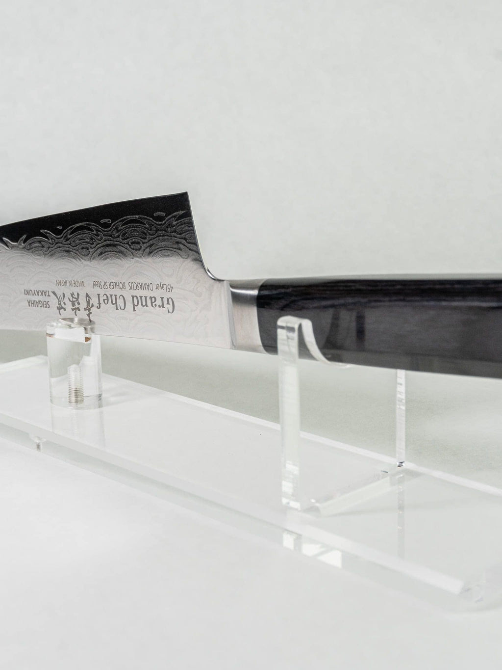 Böhler N685 steel edge detail on Japanese Gyuto knife.